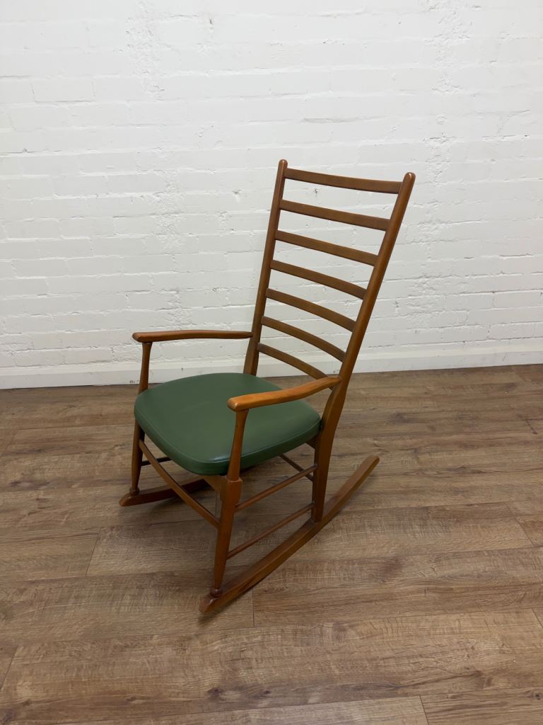 Teak mid century ladder back rocking chair 