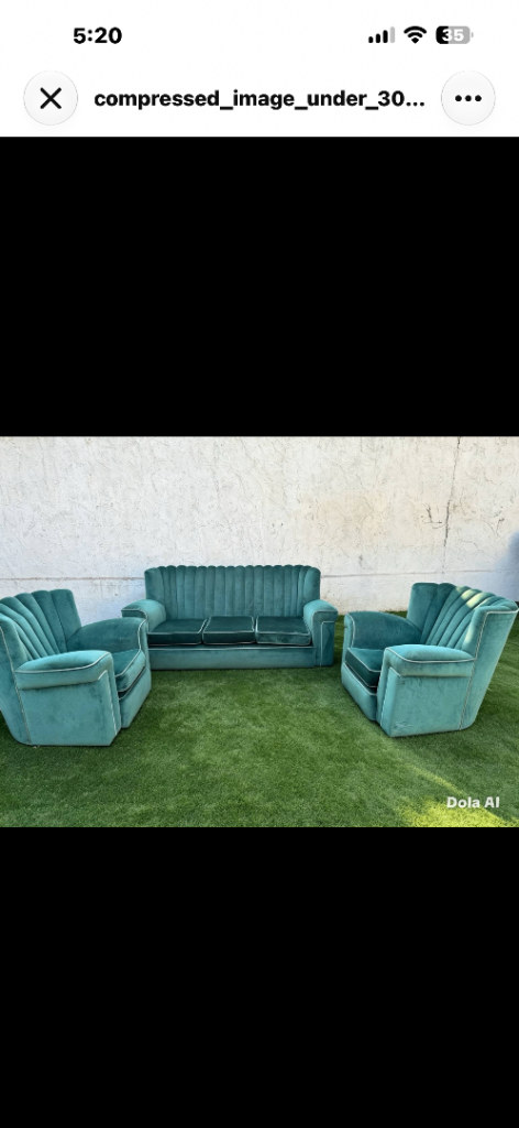 Vintage Green Velvet Sofa and Two Armchairs Set – Good Condition