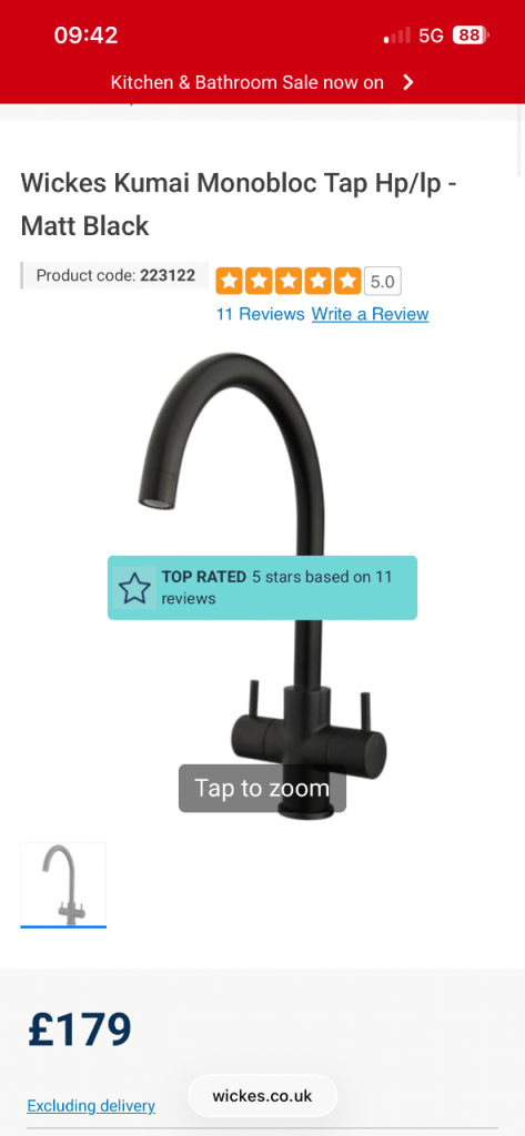 Wickes Kumai Matt black kitchen mixer tap 