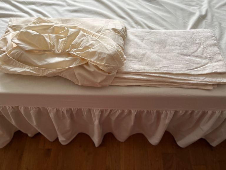 Cream single bed valance + fitted sheet + flannelette flat sheet