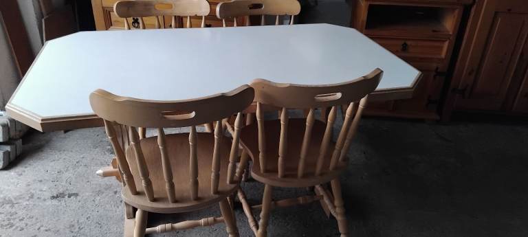 Wooden Dining Table with White Top and 4 Matching Chairs