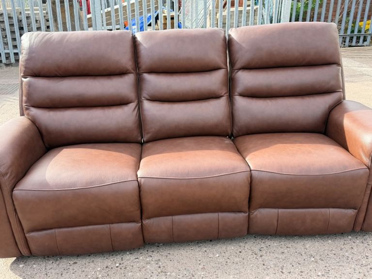 Brand New Oak Furnitureland Power Recliner 3-Seater Leather Sofa – Chestnut Leather - Free Delivery