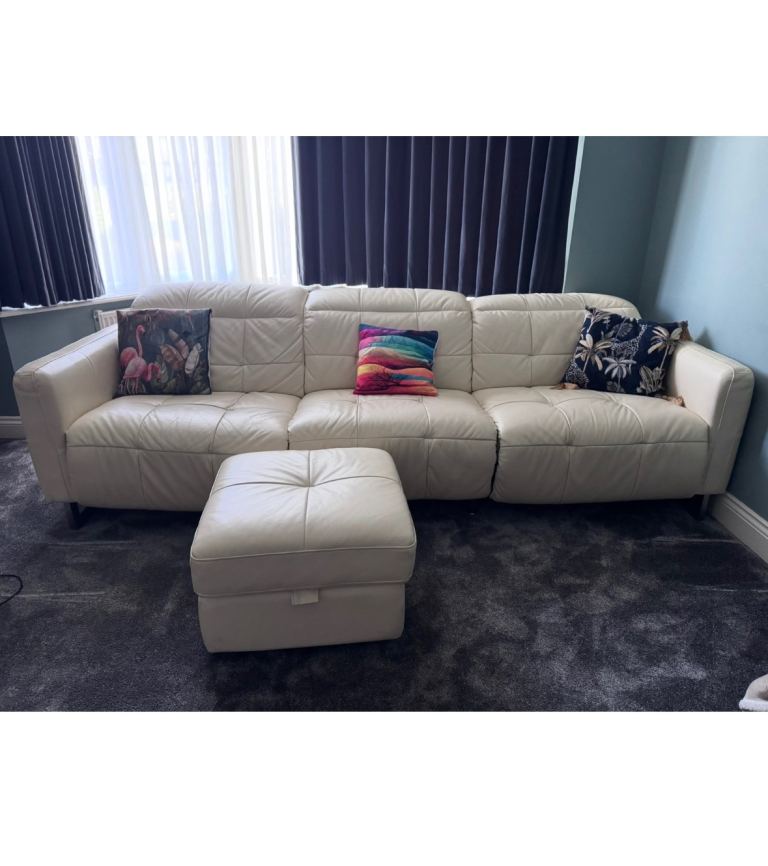 Cream Leather power Sofa and Footstool – one chair slightly broken 