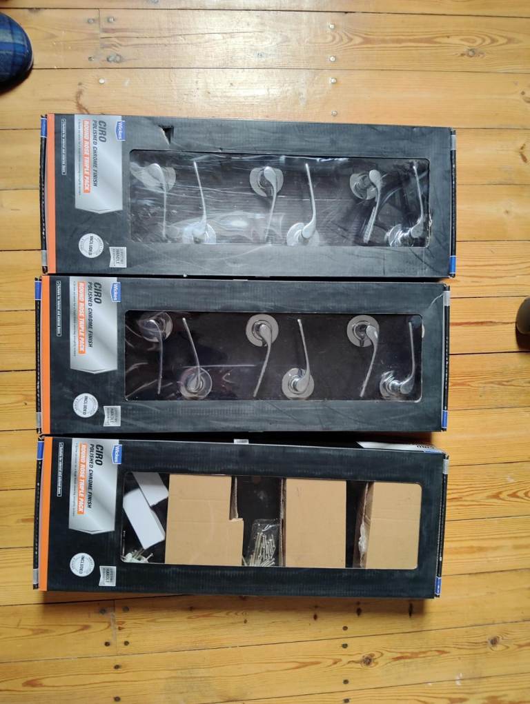 6 pairs of new chrome door handles plus latches, hinges and lots lots of spares for internal doors