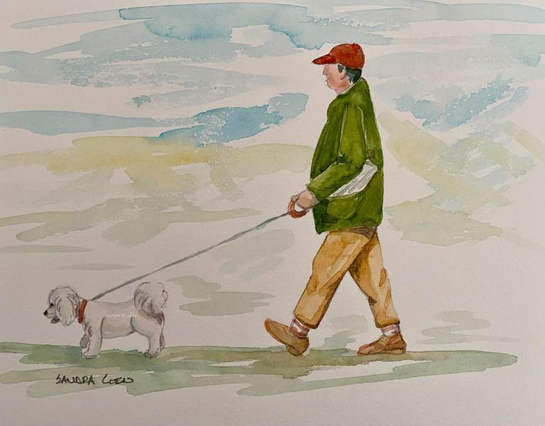 Original Watercolour Painting - Man Walking Dog Bichon Frise
