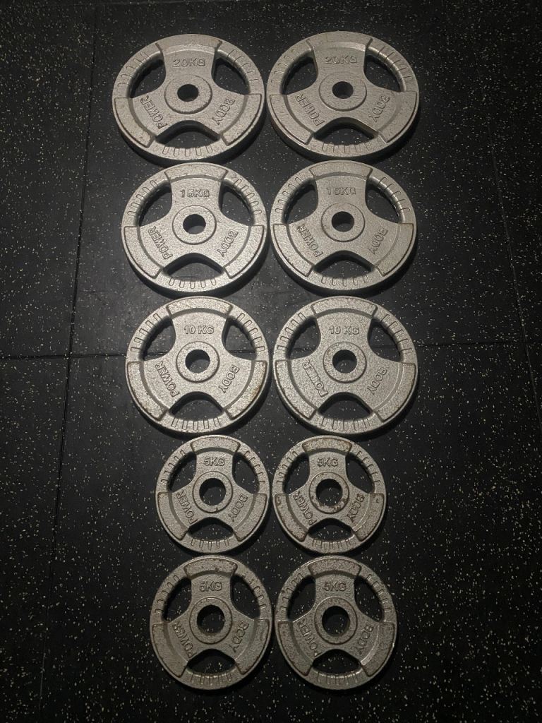 Bodypower 110kg cast iron tri grip olympic weight set 2x 20kg, 2x 15kg, 2x 10kg & 4x 5kg