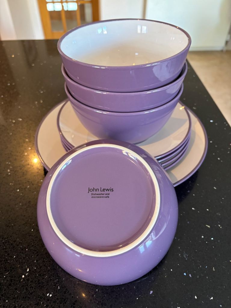 John Lewis Purple & White Dinnerware Set – 4 Bowls & 6 Plates