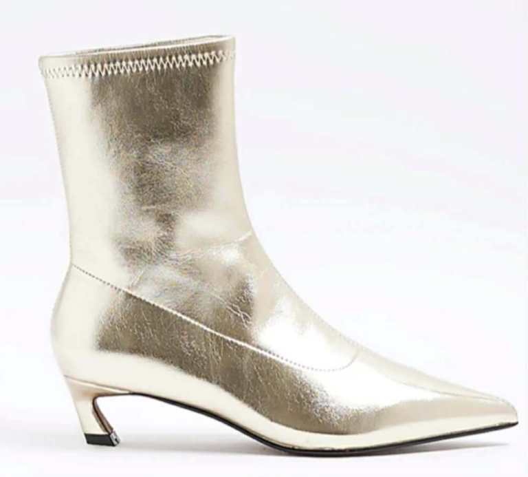 River Island Womens Sock Boots Gold Slant Heel height 3cm pointed toe 100% brand new in box