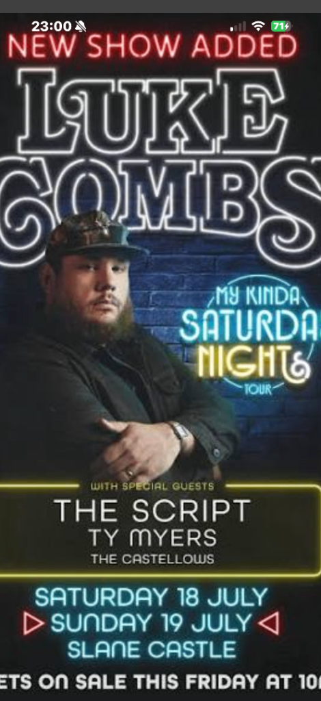 Luke Combs Shane Castle x 4 Sunday 19th July