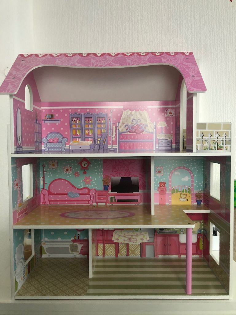 Wooden Dolls House with Furniture and Family Figures