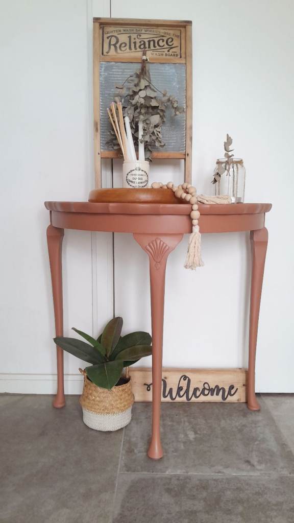 Vintage half moon table, ornate demi lune dressing table, slim hall table