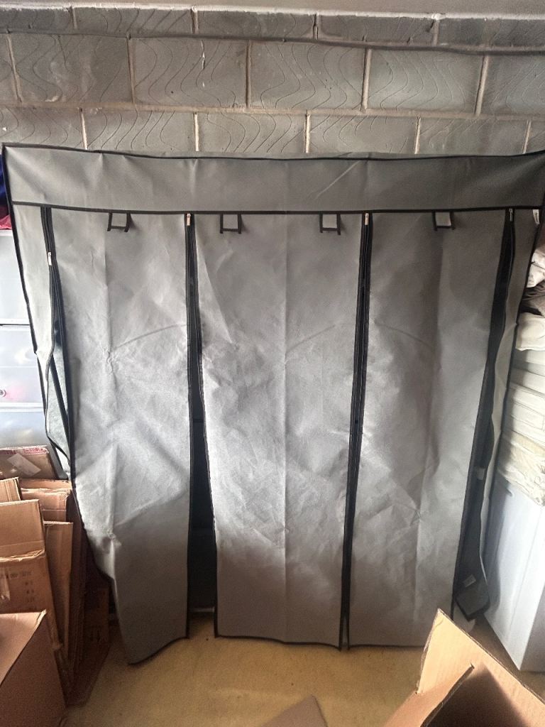 Grey Fabric Wardrobe with Shelves – Good Condition