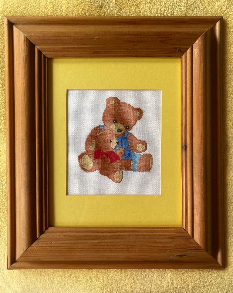 Lovely Handmade Cross Stitch Picture – Two Teddy Bears, Wooden Frame