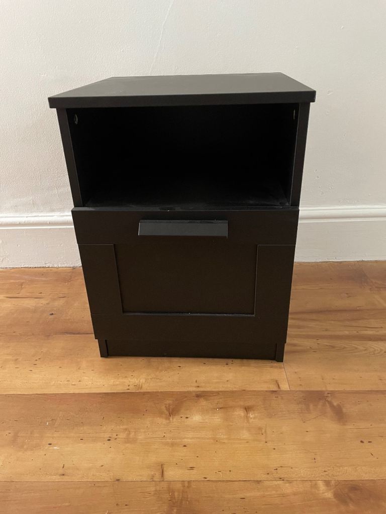 Black Wooden Bedside Table with Drawer and Shelf