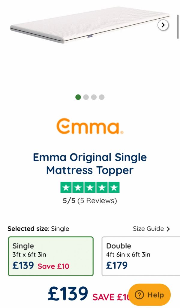 Brand New Emma mattress Topper 90x190 – Still Boxed