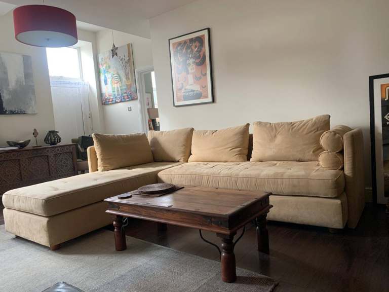 Luxury light-tan, faux-suede 2-piece modular sofa… Bargain!