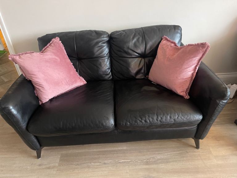 Sofology black leather sofas x 2 & large footstool free