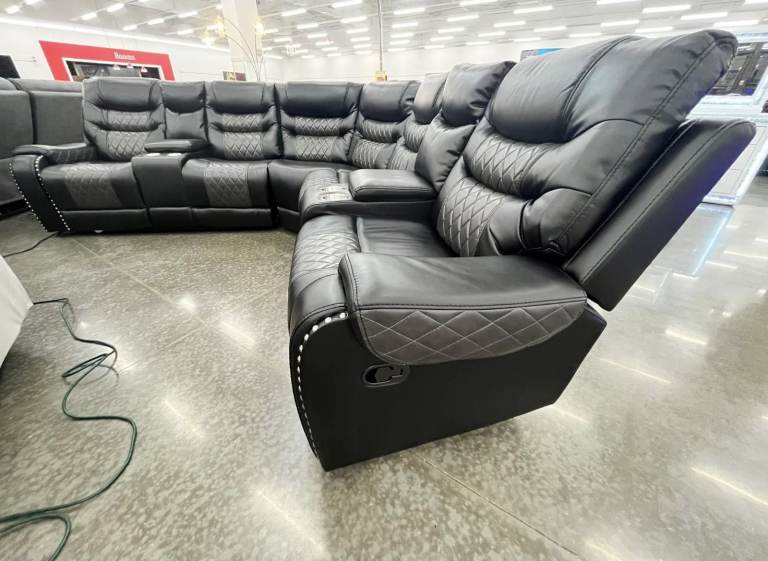 Luxury Black Leather Recliner Corner Sofa – Cup Holders & Diamond Stitch – Pay On Arrival