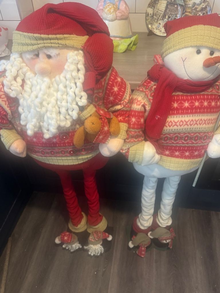 Christmas Santa and Snowman Fabric Figures – Good Condition