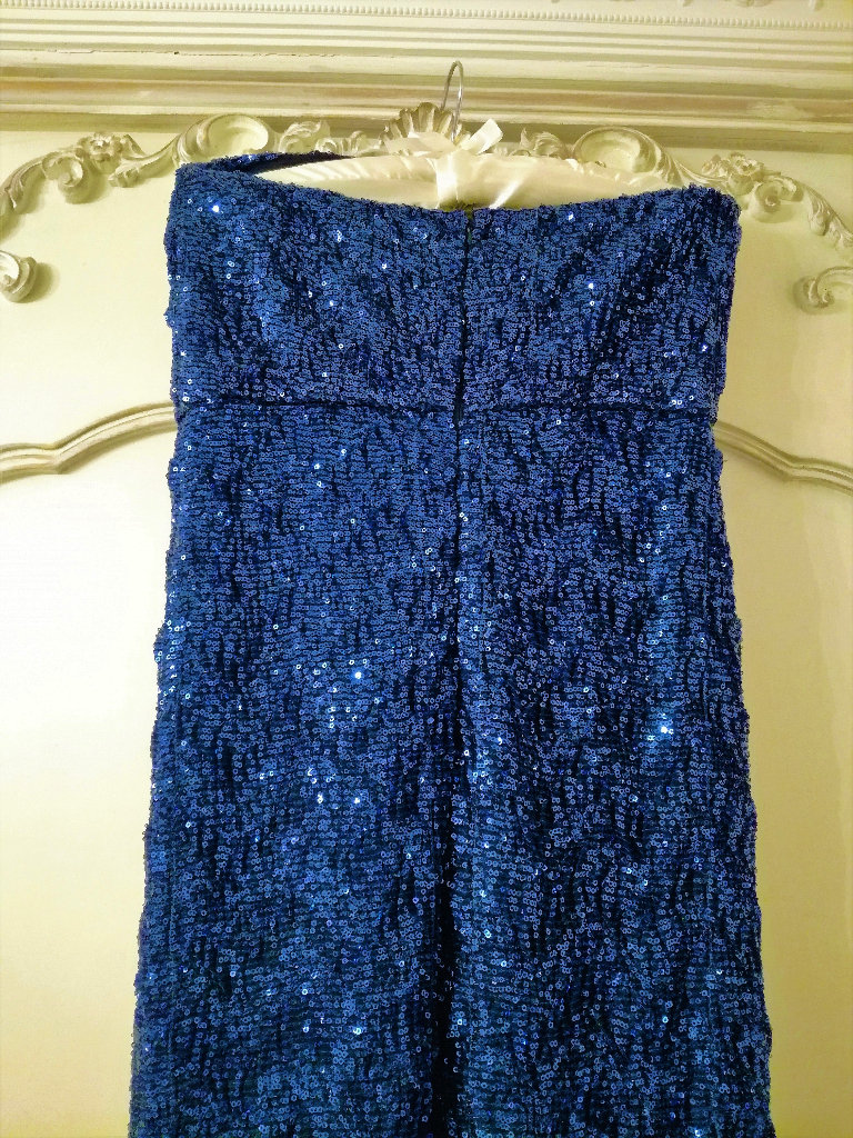 AMY CHILDS BLUE SEQUIN DRESS Designer Maxi Long Hour Glass Fit Strapless Boned Side Split Style