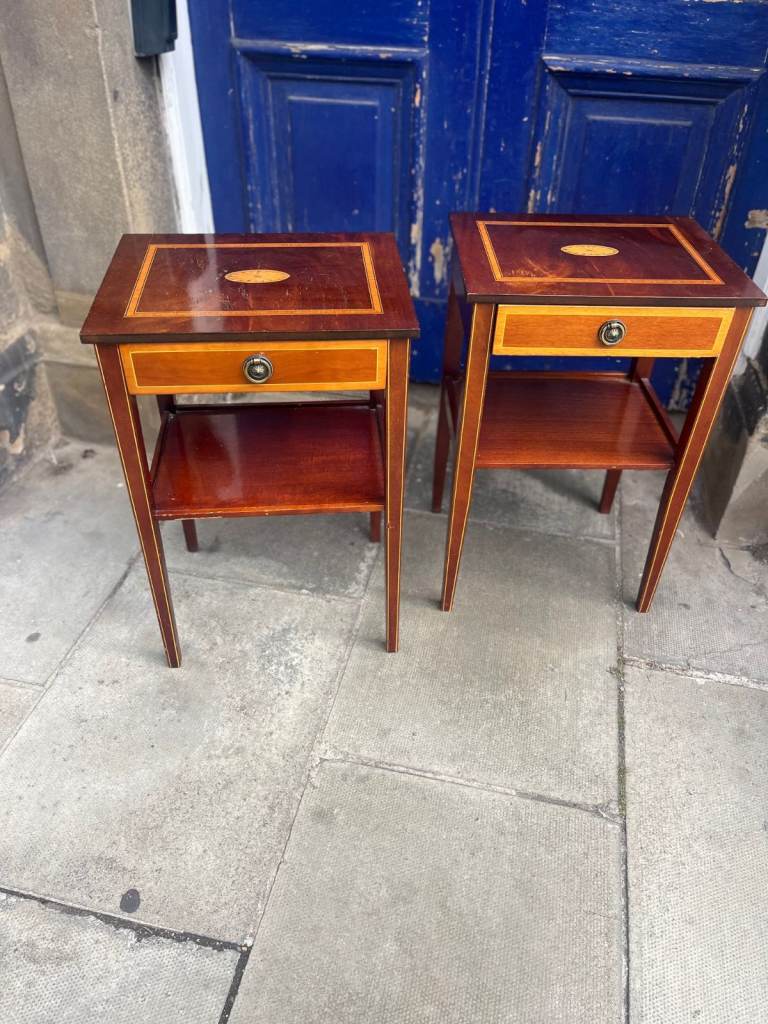 Pair of Teak Inlaid Side Units - could be used as bedsides or side tables . Have one drawer 