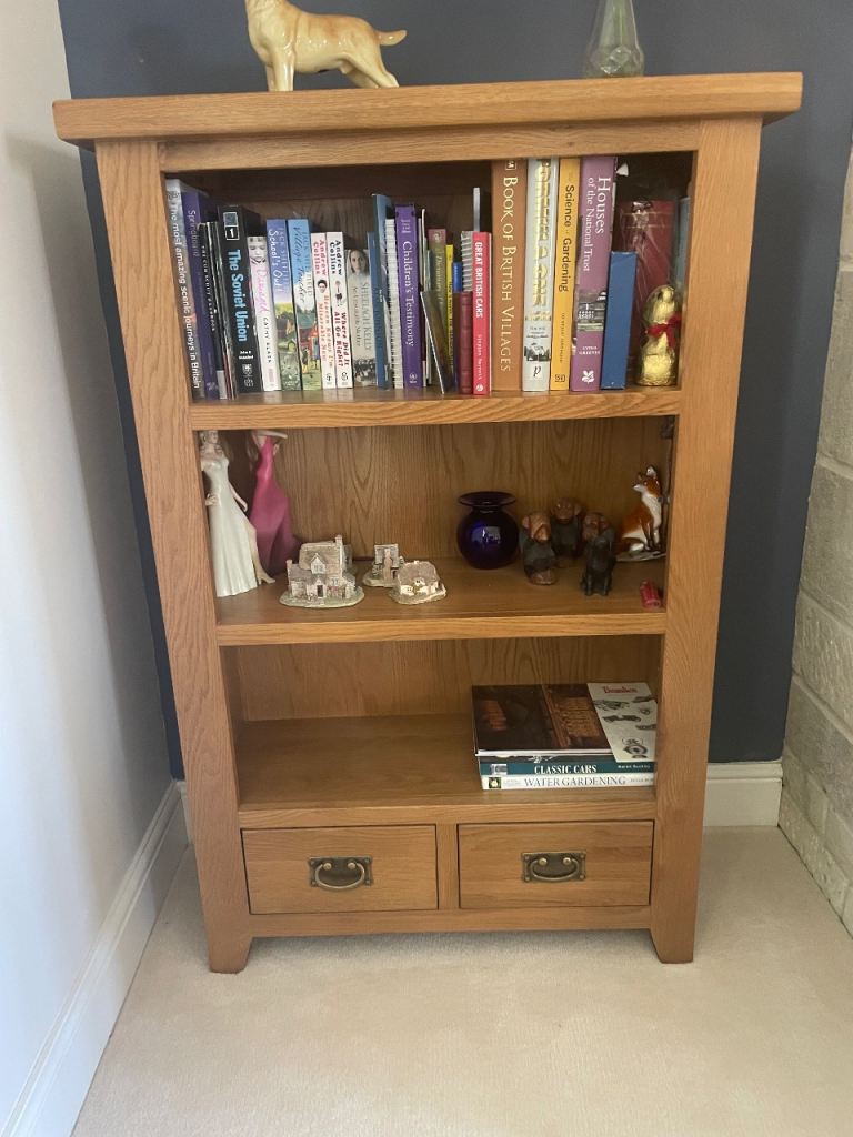 Solid oak bookcase with two drawers and two shelves 