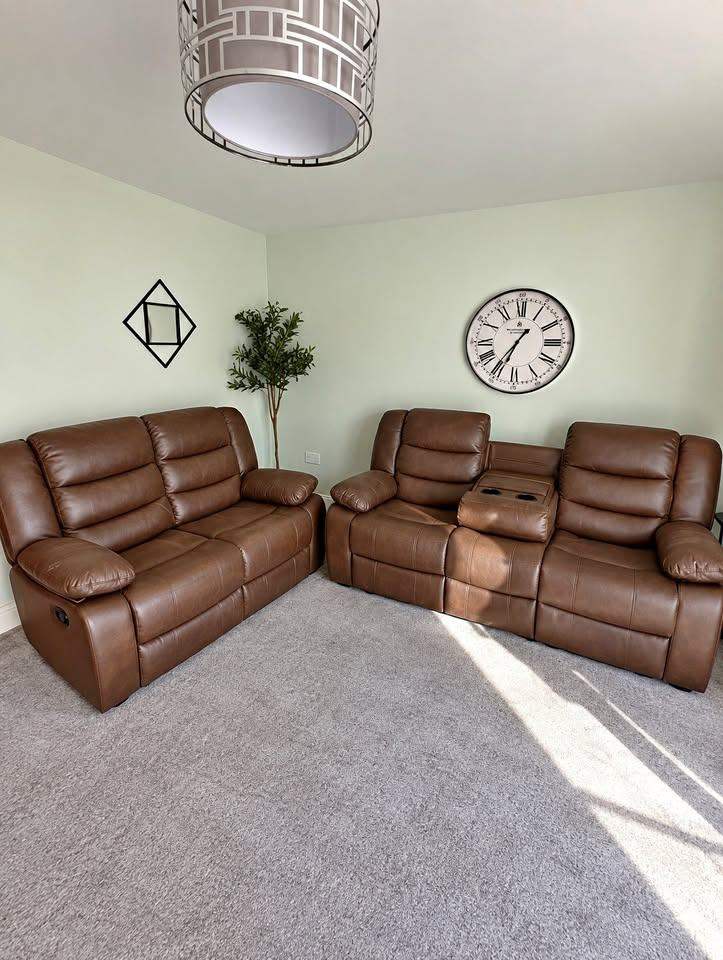 Brown 3+2 Recliner Sofa Set | Faux Leather | Cup Holders | Brand New | COD