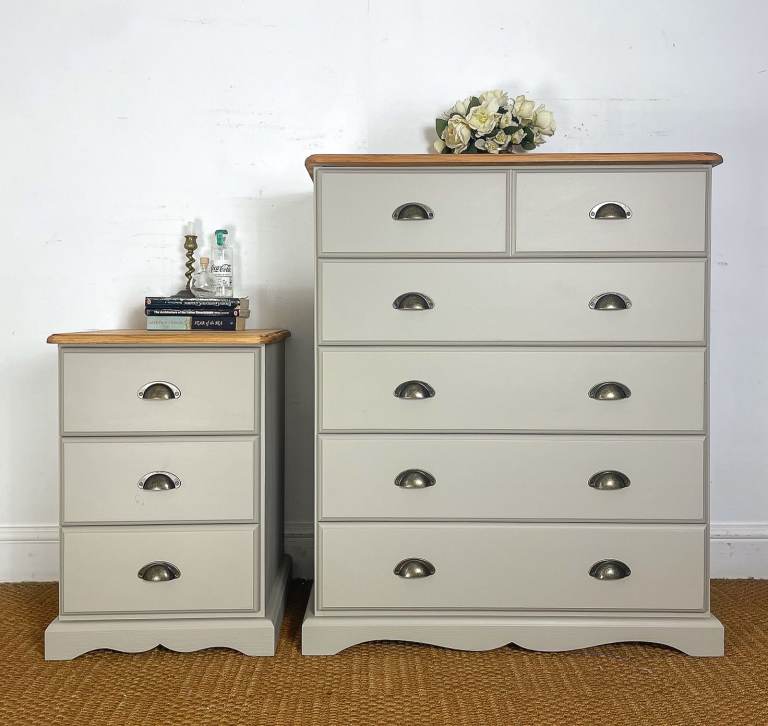 image for Solid pine Chest of drawers matching bedside table hand painted newly refurbished