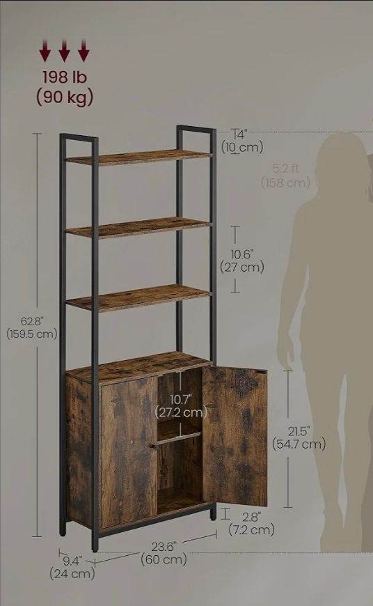 A new already built 4 Tier rustic style Bookcase, Tall Bookshelf with 2 