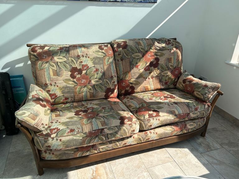 Ercol Two-Seater Sofa - Multicoloured Floral Pattern, Wooden Frame