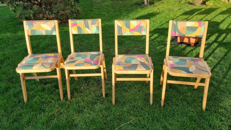 image for Dining chairs, mid-century / retro. Made in UK, Re-upholstered, stacking hardwood (beech)