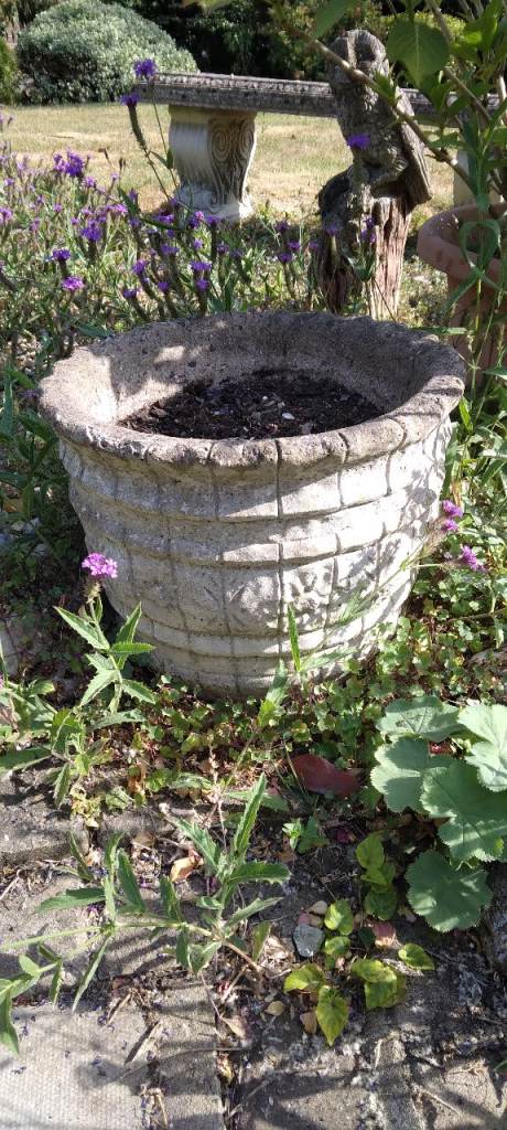 3 Large Stone Garden Planters – Grey, Fair Condition