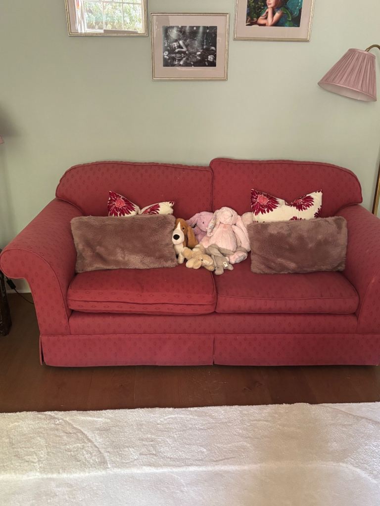 2 Comfortable burgundy 2-Seater Sofas – Good Condition
