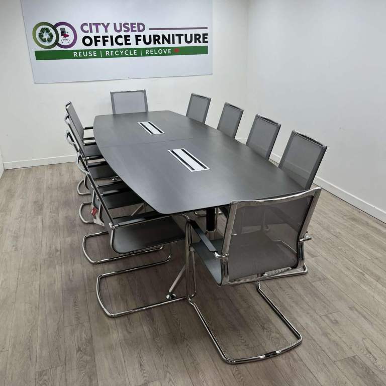 Executive Boardroom Table, Anthracite / Chrome, Comms Boxes, W3000mm w10 x ICF Conference Chairs