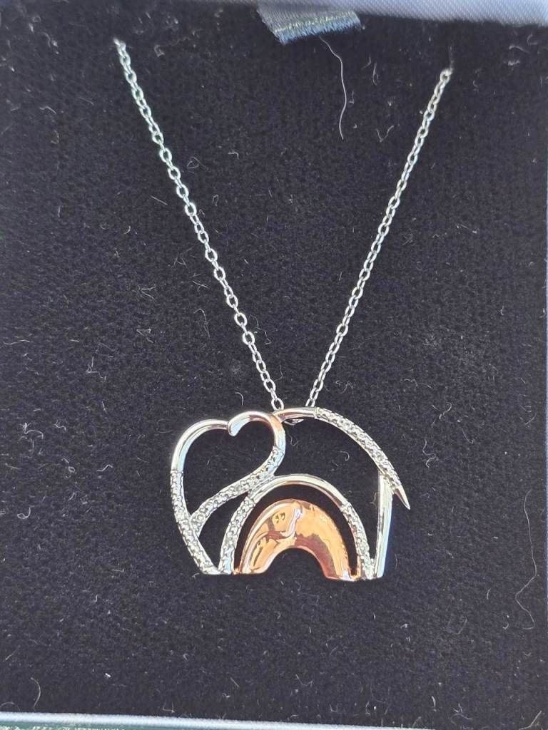 MY DIAMONDS 18 INCH SILVER & ROSE GOLD PLATED 2 ELEPHANTS DIAMOND PENDANT