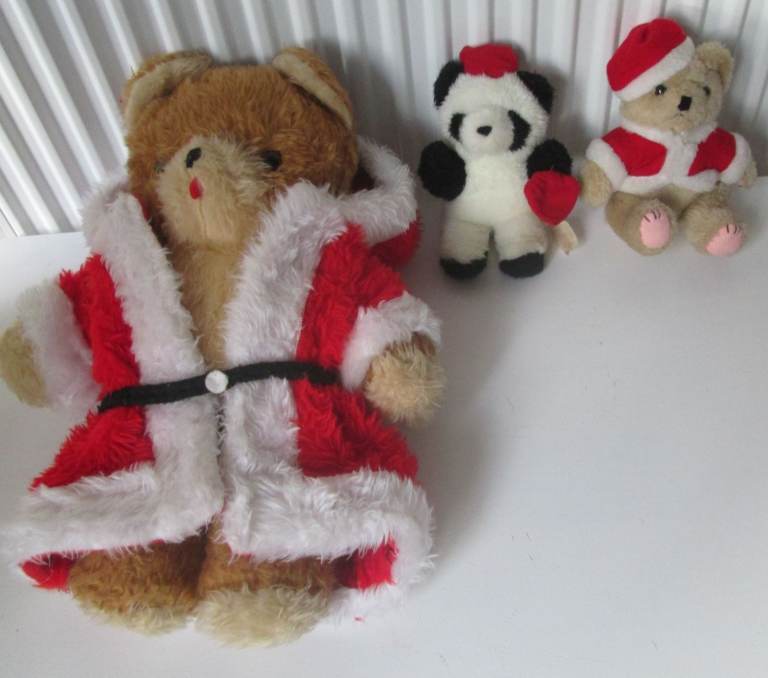 3 Vintage Christmas Bears. 2 Teddy Bears & 1 Panda in Santa outfits.