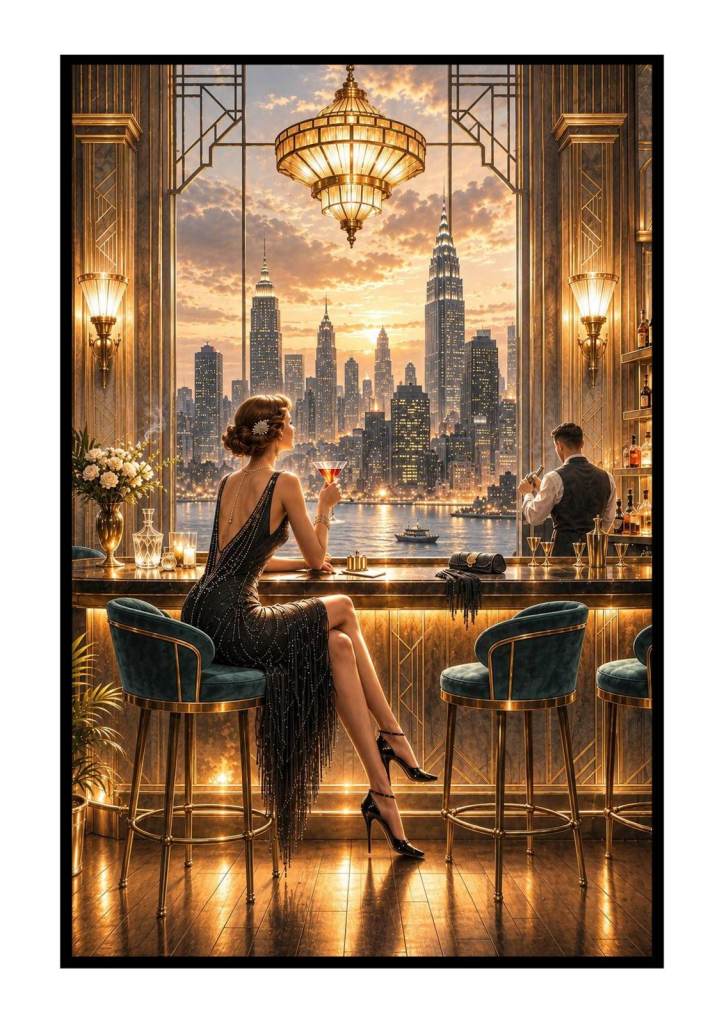 Gatsby Style Art Deco Lady Cocktail Bar A4 Print NYC Skyline Home Wall Art