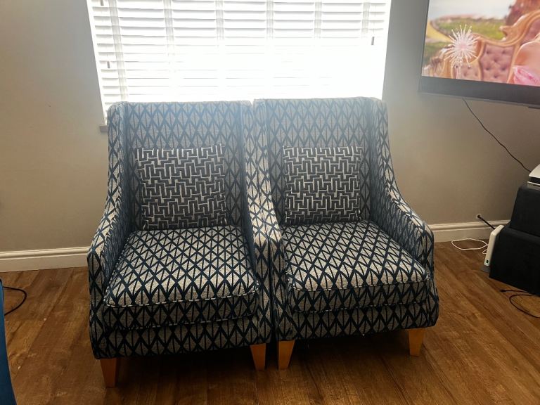 Pair of Patterned Armchairs - Blue and White, Good Condition