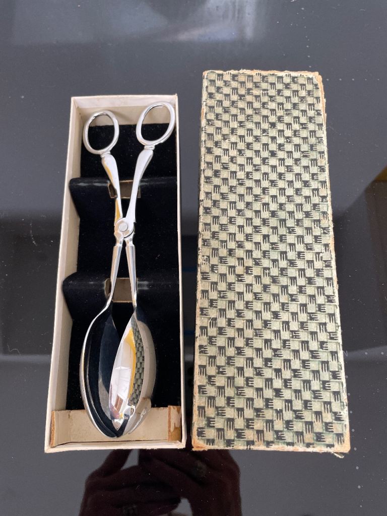 Vintage Metal Serving Tongs in Original Box