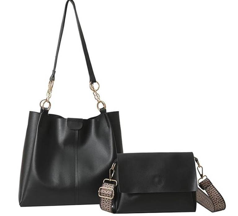 New Black Faux Leather Tote Bag Set (2 Piece) 