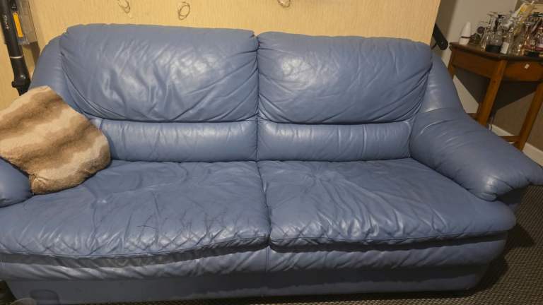 Blue Leather Sofa – Good Condition