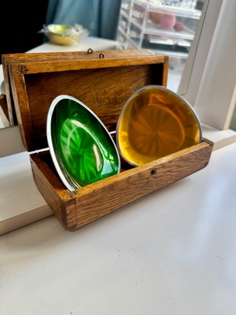 Vintage Emalox Norway Anodised Aluminium Dishes – Green & Gold – Mid Century