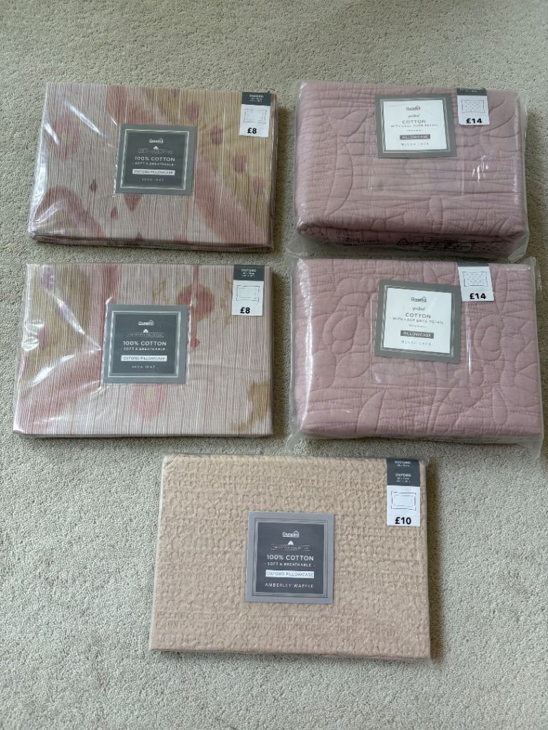 Dunelm Blush Lace pillowshams x2, Amberly waffle pillowcase x1, Java Ikat pillowcases x2. NEW
