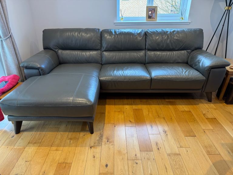 Grey Leather 3 seater chaise sofa 