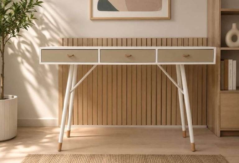 Modern Scandinavian Console Desk Dressing Table 3 Drawer White & Oak Style 105cm