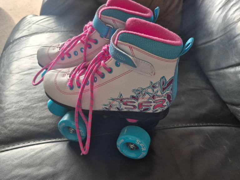 Roller Skates with Pads - White, Pink & Blue, Good Condition