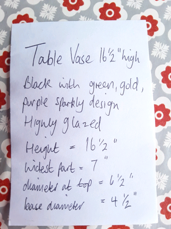 Table vase 16.5 inch high. Black with green,gold & purple sparkly design