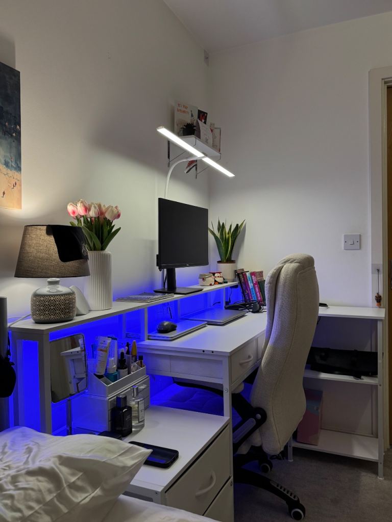 Large L-Shaped White Office/Gaming Desk with Shelves