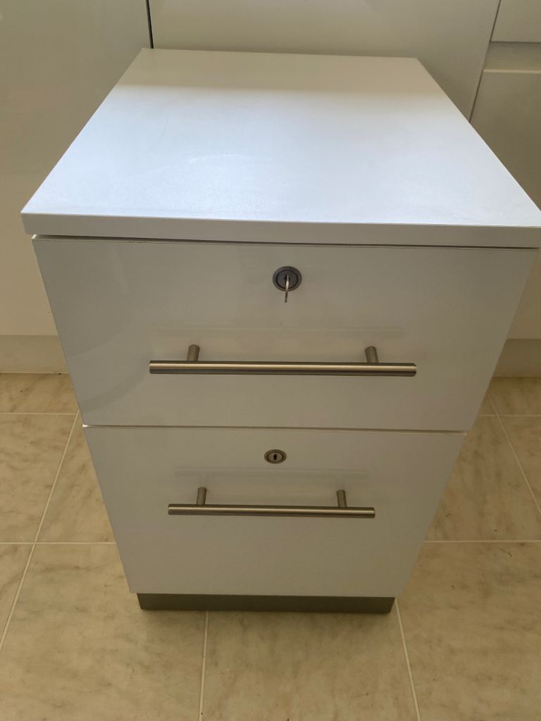 Two available  - High-quality white gloss front office drawers filing cabinet