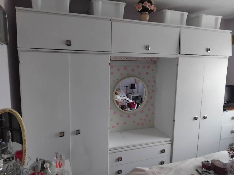 White Wardrobe with Drawers and Mirror – Good Condition